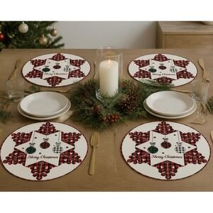 NEW Christmas Placemats Set of 4 Red Buffalo Plaid Snowflake 15" Holiday Decor